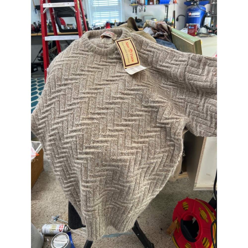 Alan Paine Alpaca Lambswool Sweater England Beige Geometric Knit Crew Neck NWT